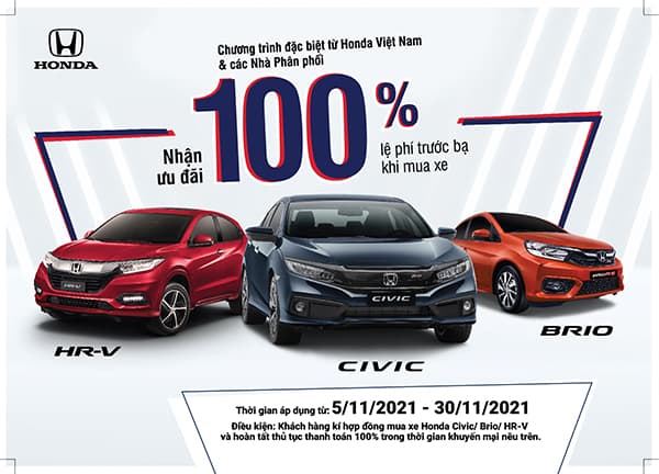 Hỗ trợ 100% lệ phí trước bạ cho khách hàng mua xe Honda Civic, HR-V và Brio trong tháng 11 - 1